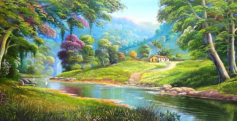 Natural Happiness, beautiful life, Brazilian rivers, houses, love four seasons, panoramic view, attractions in dreams, trees, paintings, paradise, summer, nature, rivers, falls, HD wallpaper
