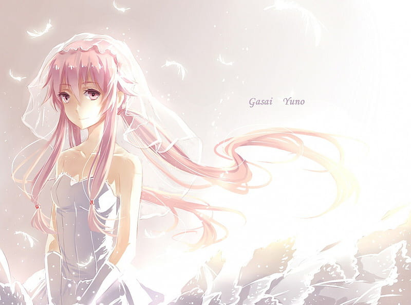 ~Gasai Yuno~, anime, wedding dress, bride, bonito, Gasai Yuno, pink hair, feathers, HD wallpaper