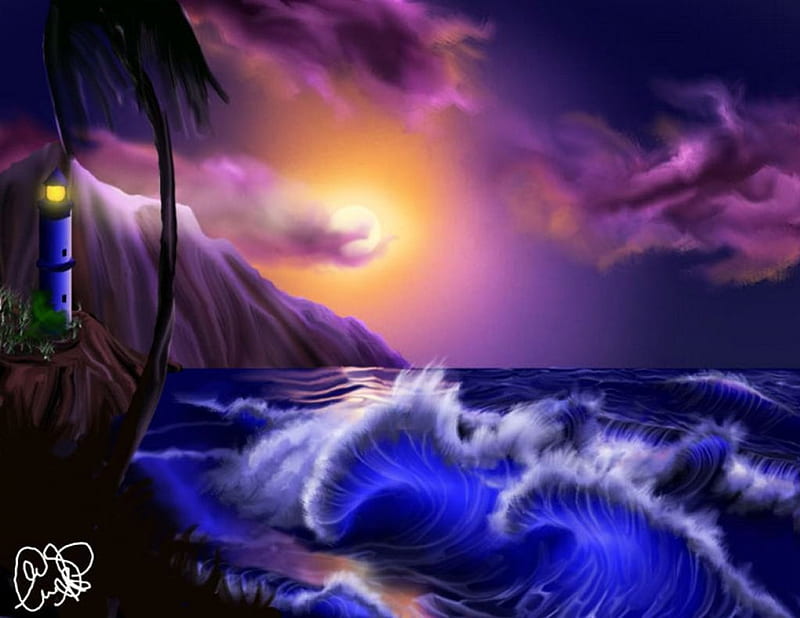 Moonbow Maker, cliff, waves, clouds, ocesn, artwork, lighthouse, palms, HD wallpaper
