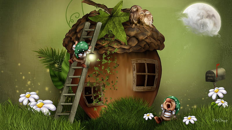 Home of the Elves, house, fairy tale, elf, firefox persona, owls, fantasy, moon, whimsical, flowers, mailbox, dwarf, HD wallpaper