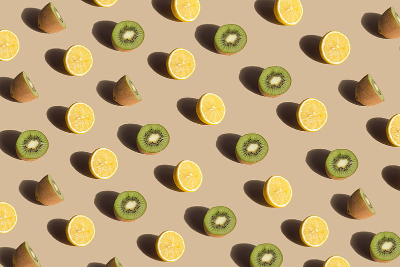 lemon, kiwi, fruit, pattern, green, yellow, HD wallpaper