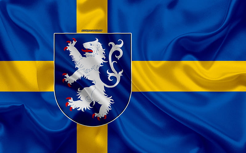 Coat of arms of Halland lan silk flag, Swedish flag, Halland County, Sweden, flags of the Swedish lan, silk texture, Halland lan, coat of arms, HD wallpaper