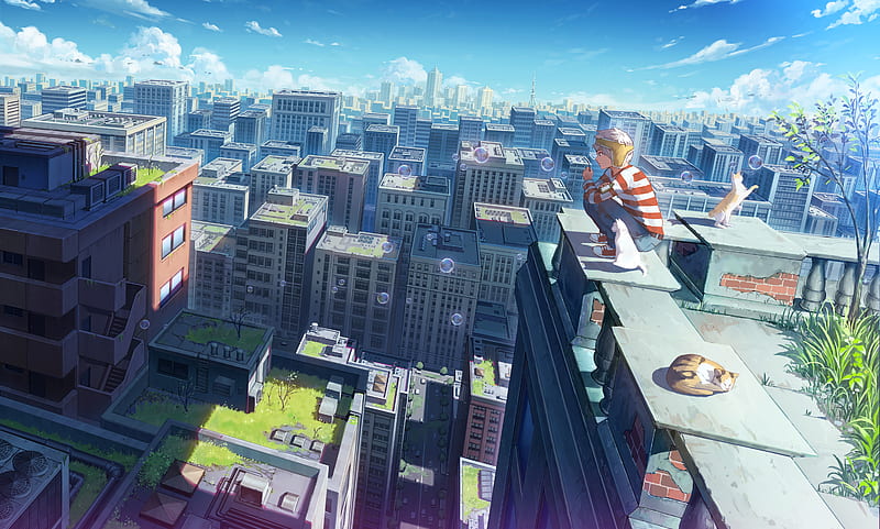 anime cityscape, bubbles, anime boy, buildings, scenery, Anime, HD wallpaper