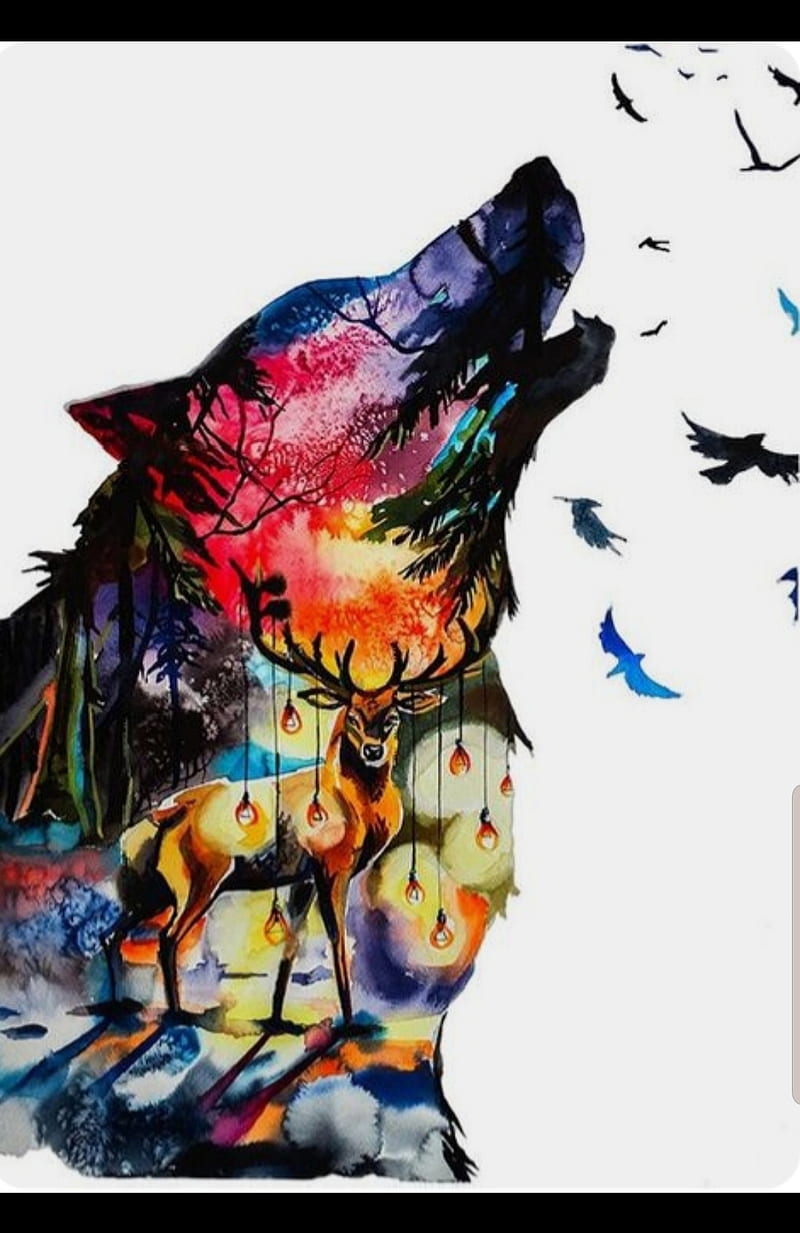 Howling Wolf, animals, art, belle night, boho, colorfull, deer, drawing,  nature, HD phone wallpaper | Peakpx