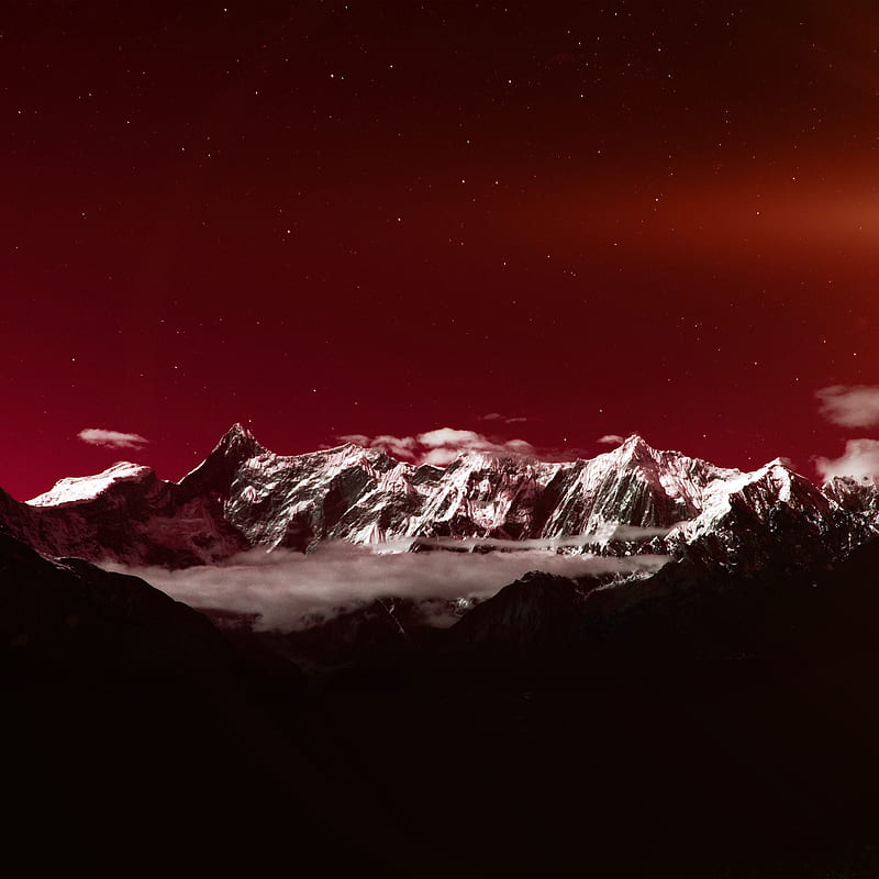 Mountain Snow Dark Red Winter Sky Star, HD phone wallpaper