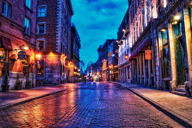 cobblestone street in montreal in evening r, city, shops, cobblestones, r, evening, street, lights, HD wallpaper