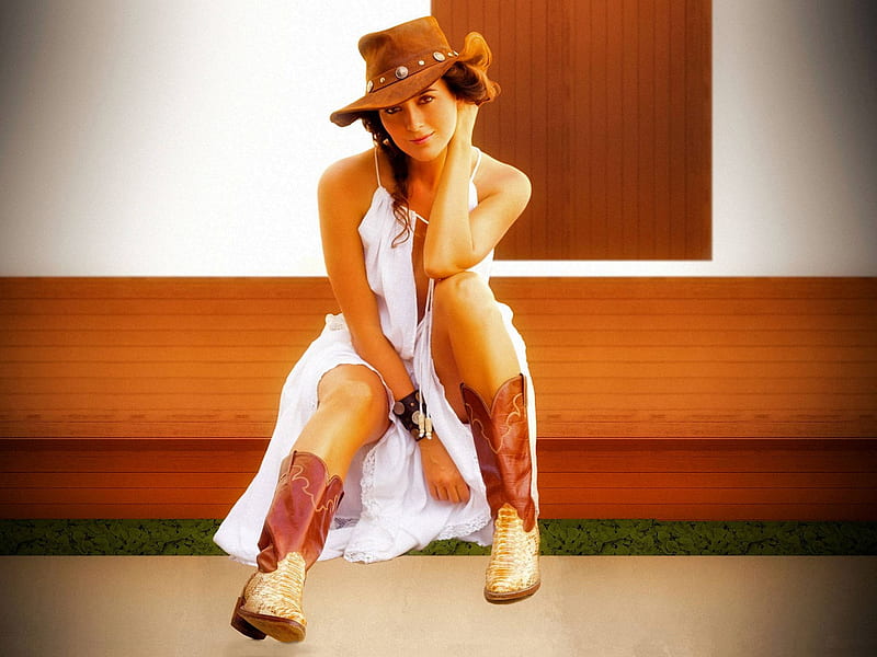 Cote de Pablo -Cowgirl, Cote, De Pablo, dress, model, boots, cowgirl, Cote de Pablo, bonito, hat, 2019, actress, hot, white, HD wallpaper