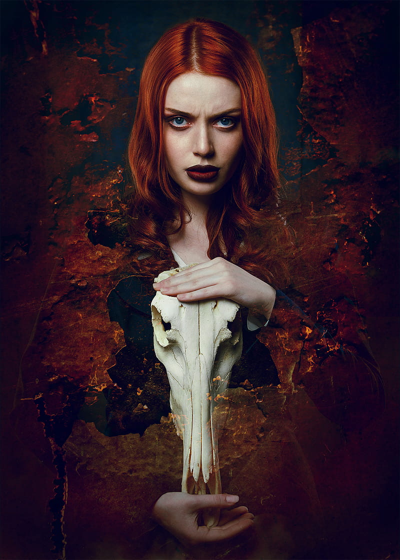 Lina Pegushina, Russian, skull, women, model, makeup, looking at viewer, redhead, red lipstick, HD phone wallpaper