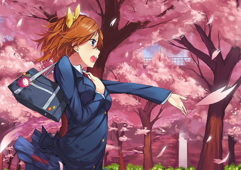 ~Kousaka Honoka~, uniform, anime, love live school idol project, kousaka honoka, cherry blossoms, HD wallpaper