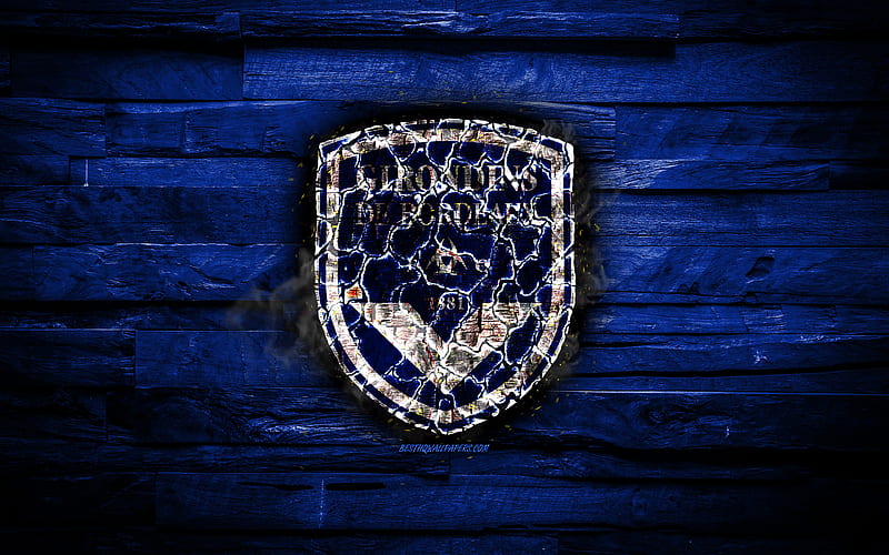 Bordeaux FC, fiery logo, Ligue 1, blue wooden background, french football club, grunge, FC Girondins de Bordeaux, football, soccer, Bordeaux logo, fire texture, France, HD wallpaper