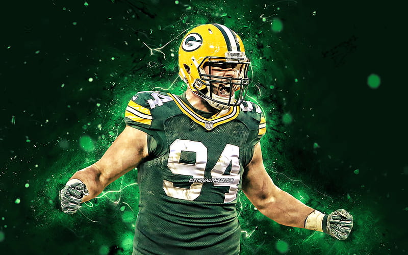 Dean Lowry defensive end, Green Bay Packers, american football, NFL, Dean Vincent Lowry, Dean Lowry Green Bay Packers, green neon lights, Dean Lowry, HD wallpaper