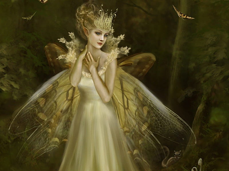 Golden Fairy, fantasy, queen, crown, butterflies, trees, fairy, HD wallpaper