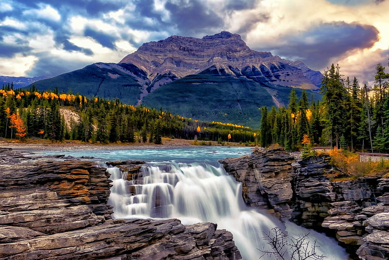 Athabasca Waterfalls, Canada, forest, autumn, Jasper National Park, mountains, river, bonito, clouds, waterfalls, HD wallpaper