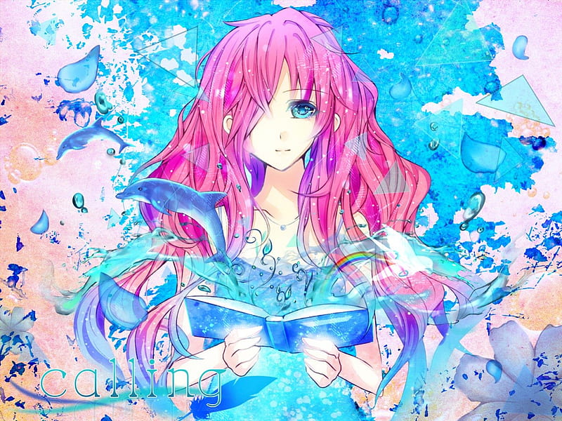~The Calling~, vocaloid, colorful, book, megurine luka, dolphin, water, anime, pink hair, imagination, HD wallpaper