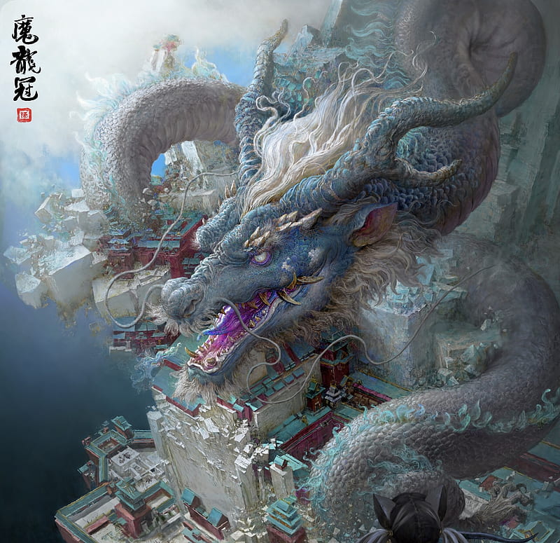 Dragon, grey, ruan jia, art, HD wallpaper