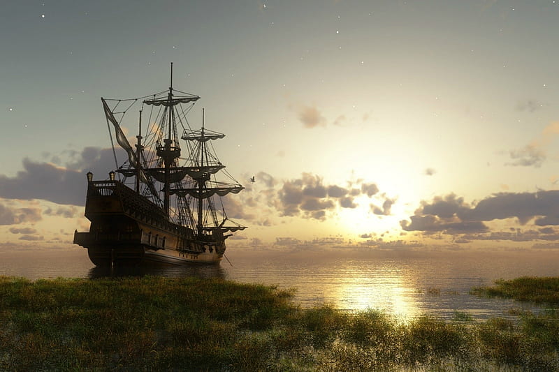 Tall Ship at Sunset, shore, sunset, tallship, sailboat, HD wallpaper