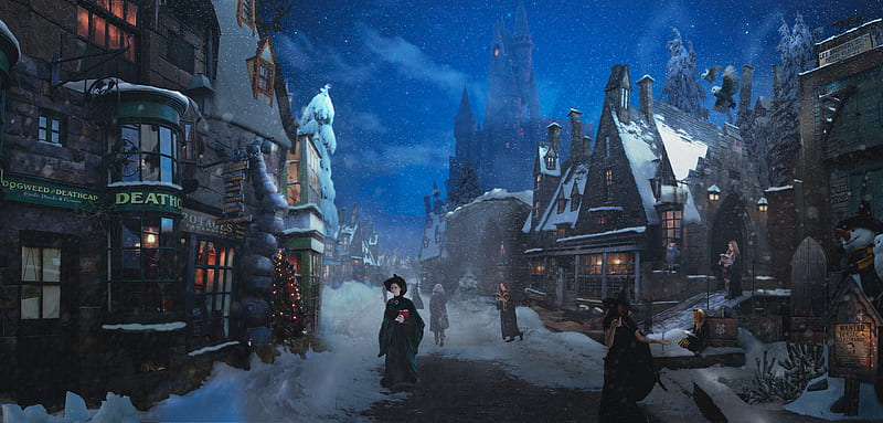 witch village, fantasy, holiday, snow, people, Fantasy, HD wallpaper