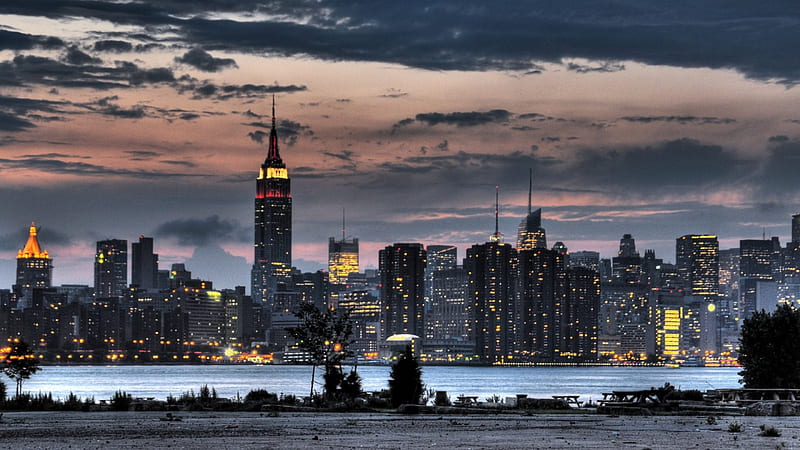 view of nyc from new jersey at dusk, city, dusk, river, clouds, skyscrapers, HD wallpaper