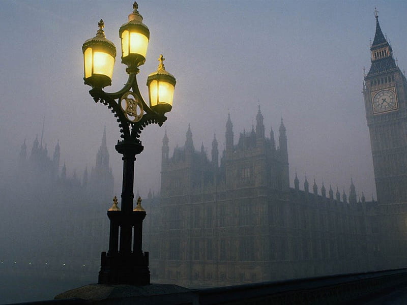 London in fog, lamp, city, london, lamp post, street, fog, HD wallpaper