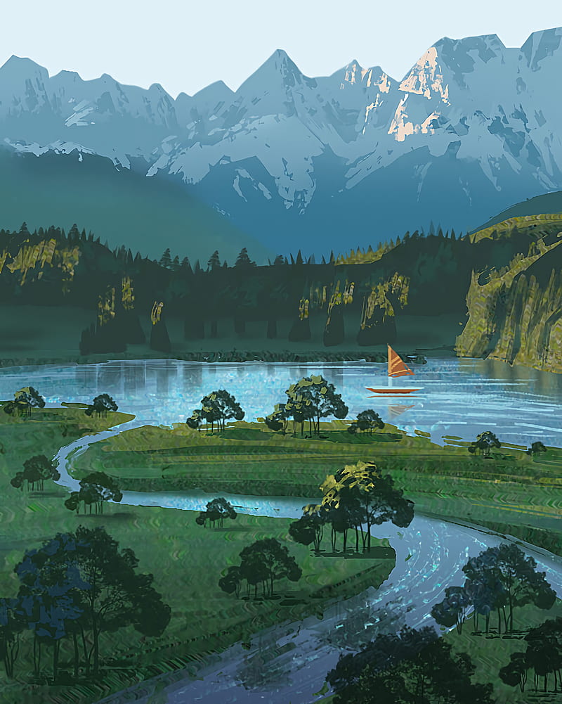 river, boat, mountains, nature, art, HD phone wallpaper