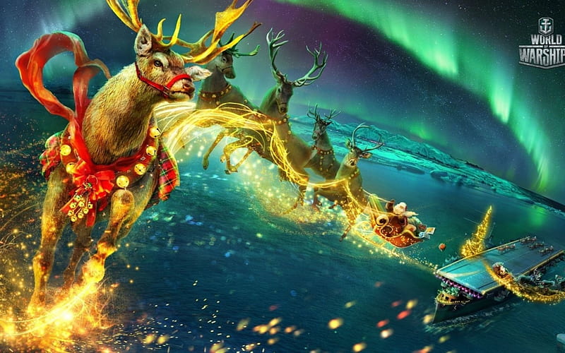 World of Warship, red, art, craciun, christmas, game, yellow, santa claus, fantasy, city, aurora borealis, reindeer, blue, HD wallpaper