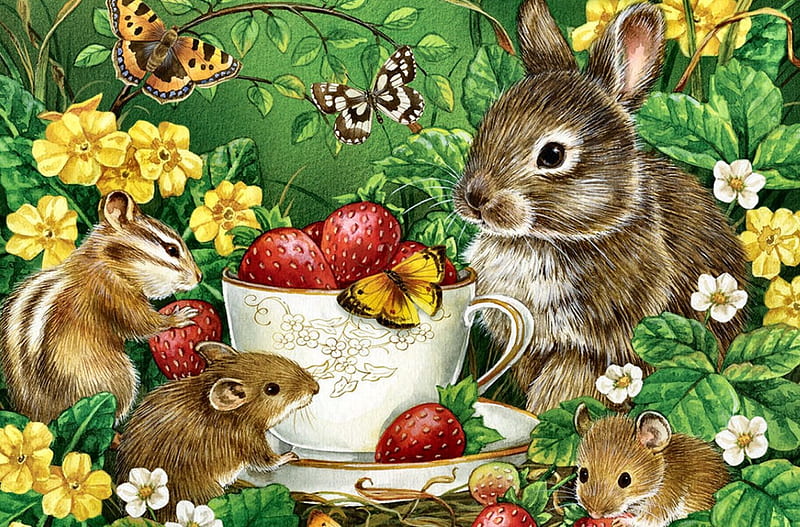 Sweet Easter Critters F1, chipmunk, mice, illustration, artwork, March, love, painting, wide screen, strawberries, art, holiday, cup and saucer, April, butterflies, Easter, occasion, bunny, HD wallpaper