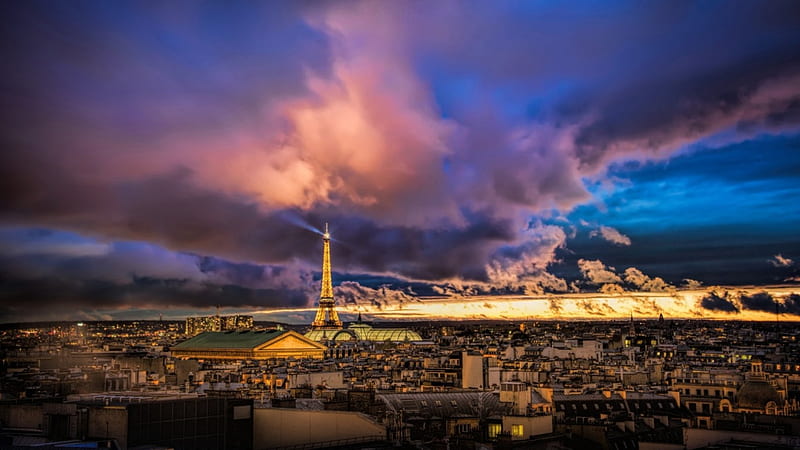 storm over eifel tower r, city, towers, r, clouds, storm, lights, HD wallpaper