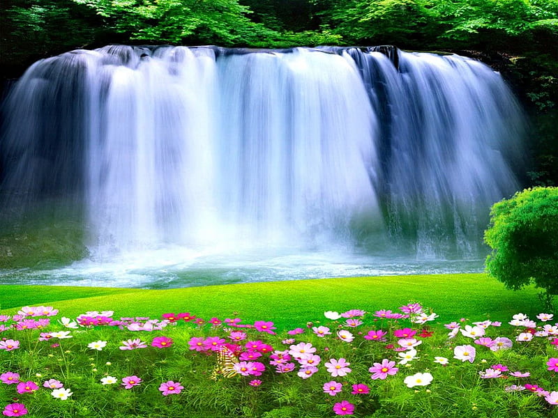 Paradise falls, fall, pretty, falling, bonito, carpet, nice, waterfall, flowers, forest, quiet, calmness, lovely, greenery, place, spring, trees, freshness, water, serenity, paradise, summer, hop, nature, meadow, field, HD wallpaper