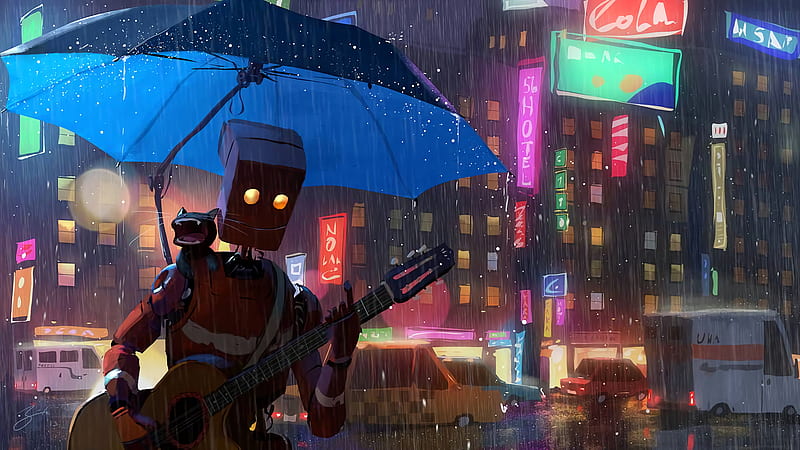 robot, playing a guitar, raining, futuristic, road, night, lights, Sci-fi, HD wallpaper