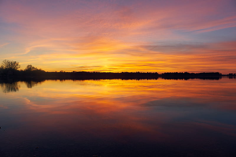 sunset, lake, horizon, sky, reflection, HD wallpaper