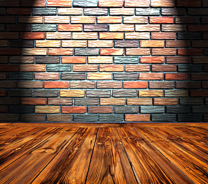 Brick Wall 2, floor, hardwood, room, spotlight, wood, HD wallpaper