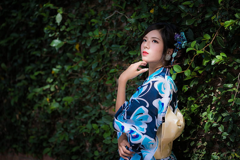 Women, Asian, Black Hair, Girl, Kimono, Lipstick, Model, Woman, HD wallpaper