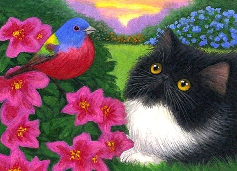 Friends in Garden, draw and paint, colors, love four seasons, birds, spring, attractions in dreams, cute, paintings, flowers, garden, cats, friends, animals, HD wallpaper
