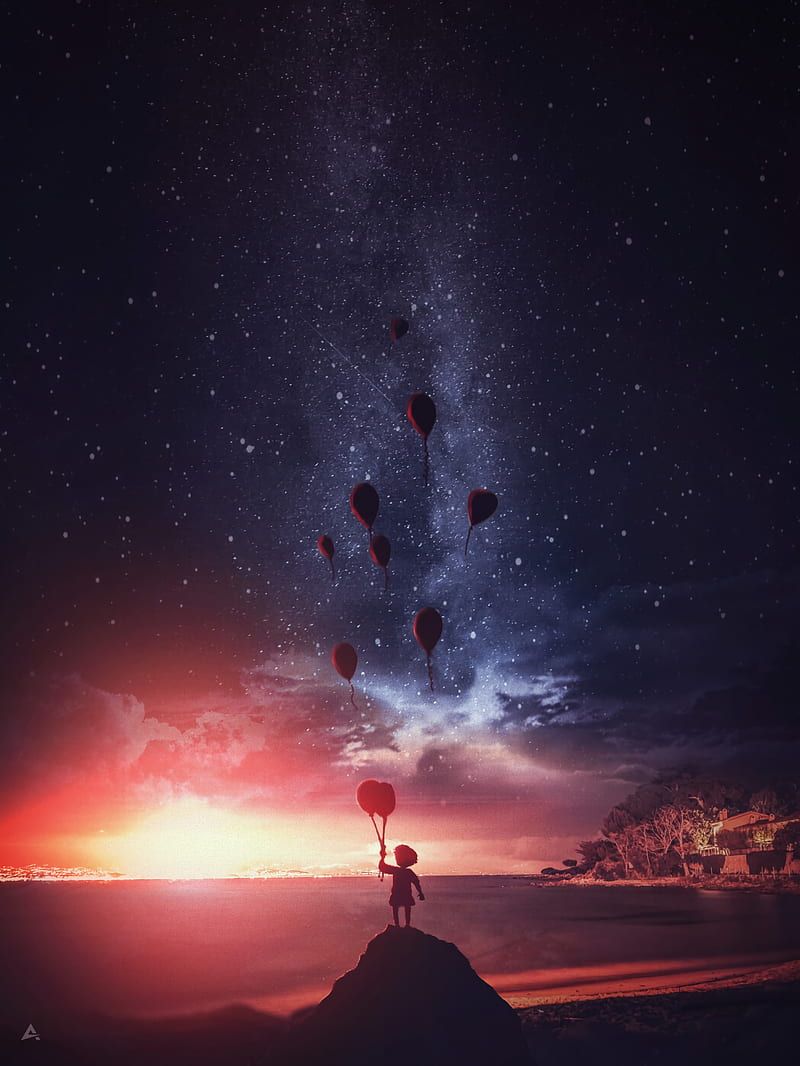 child, silhouette, air balloons, dark, night, HD phone wallpaper