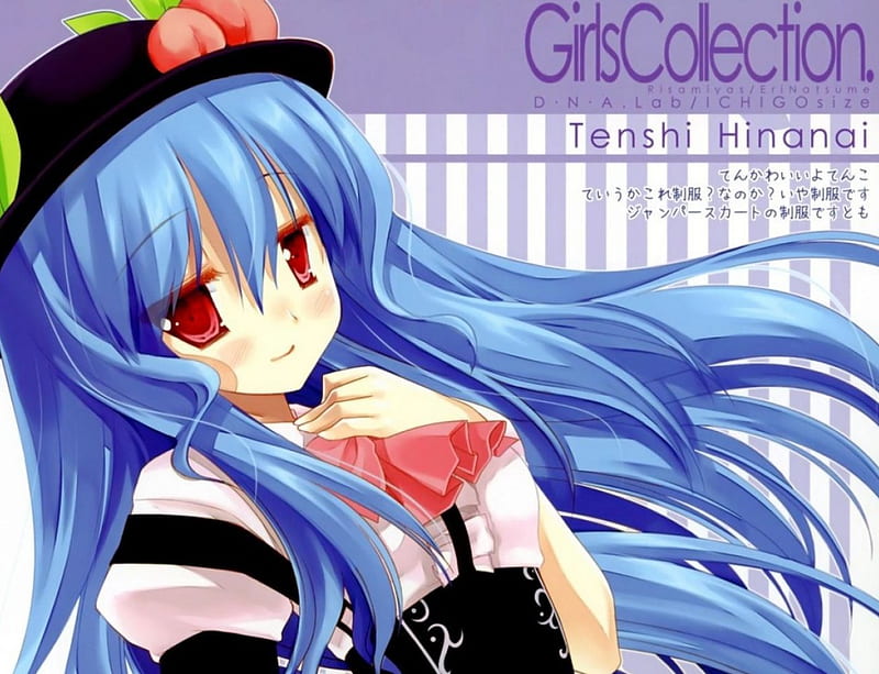 anime girl, girl collection, cute girl, blue hair, black hat, tenshi hinanai, red eyes, HD wallpaper