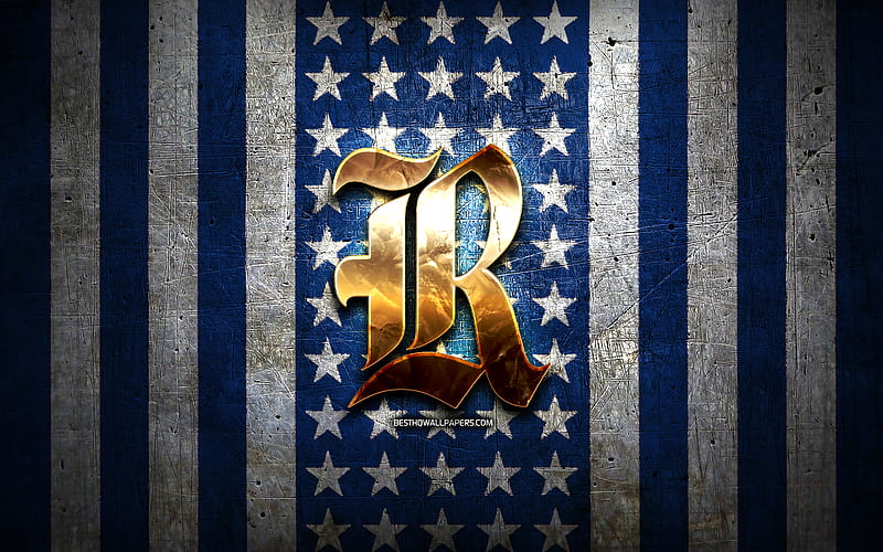 Rice Owls flag, NCAA, blue white metal background, american football team, Rice Owls logo, USA, american football, golden logo, Rice Owls, HD wallpaper