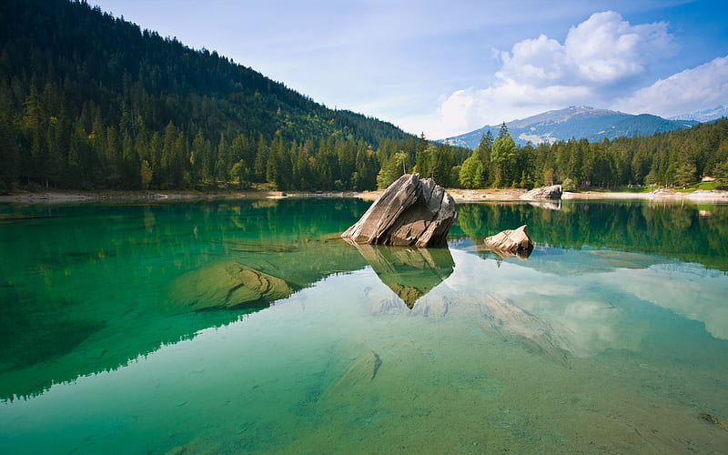 mountain lake, mountains, spring, glacial lake, forest, Alps, HD wallpaper