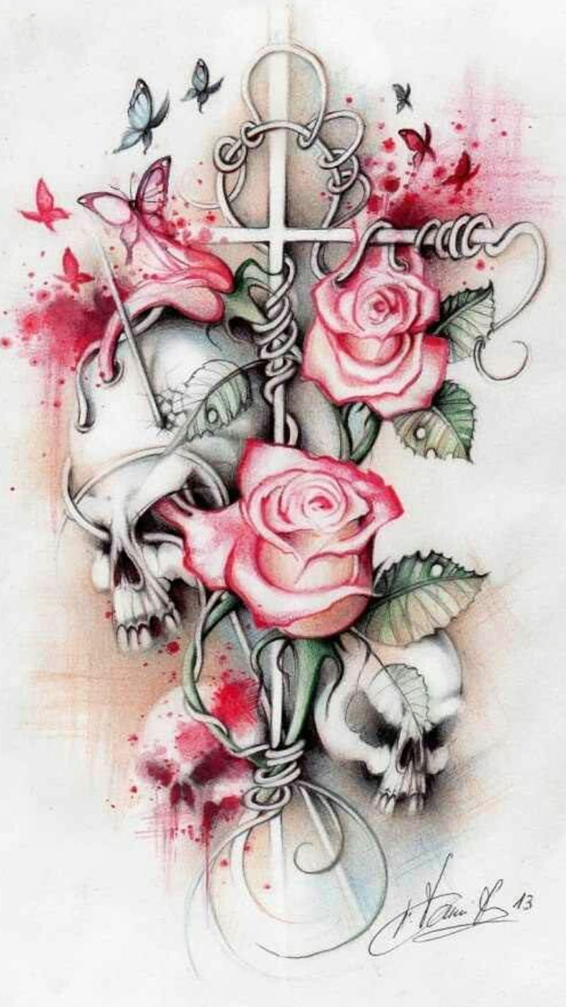 Skulls Roses, skulls pink roses, HD phone wallpaper