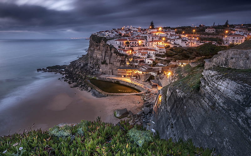 Azenhas do Mar, Atlantic Ocean, coast, evening, sunset, city lights, Sintra, Portugal, HD wallpaper