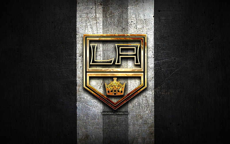 Los Angeles Kings, golden logo, NHL, black metal background, american hockey team, National Hockey League, Los Angeles Kings logo, hockey, USA, LA Kings, HD wallpaper