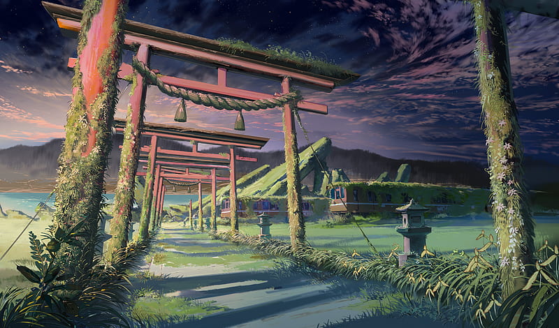 torii, shrine, anime landscape, ruins, train, locomotive, plants, stars, Anime, HD wallpaper