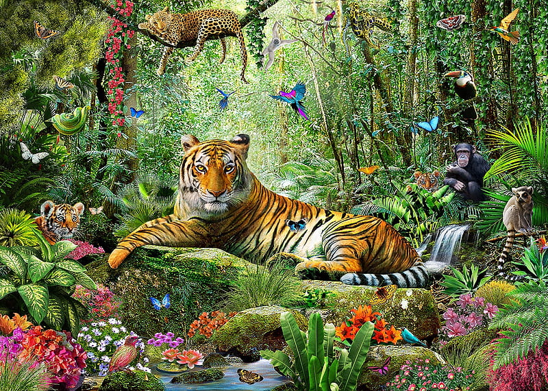 Tiger, leopard, fantasy, tree, luminos, adrian chesterman, jungle, tigru, jaguar, HD wallpaper