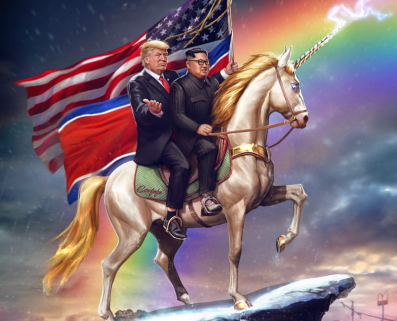 The art of the deal, couple, jason heuser, art, korea, unicorn, president, Kim Jong-un, Donald Trump, man, fantasy, funny, america, HD wallpaper
