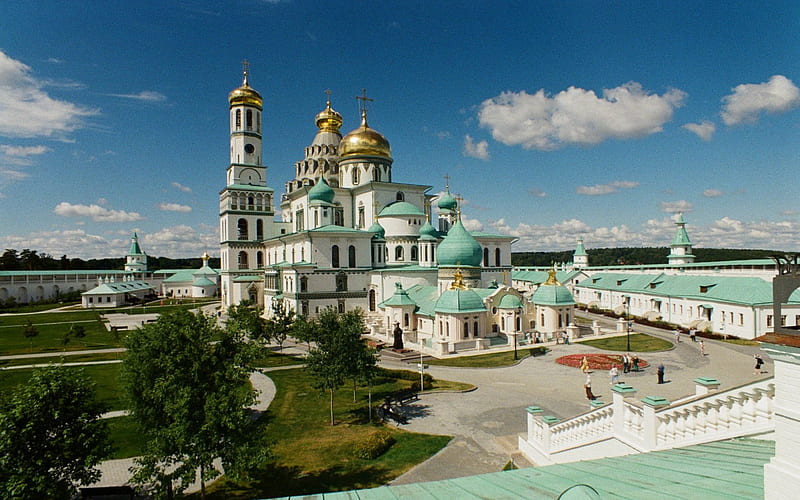 Monastery in Russia, monastery, domes, church, Russia, gold, HD wallpaper