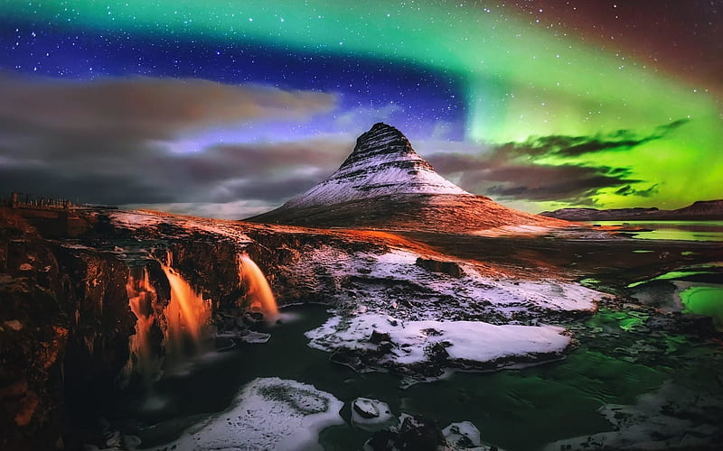 mountains, rocks, night, waterfalls, northern lights, Iceland, Kirkjufell, HD wallpaper