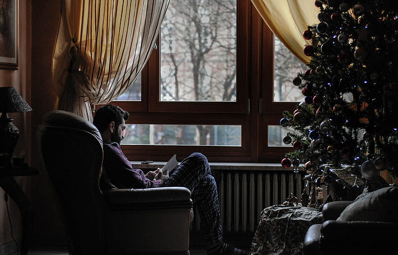 / man reading a book sitting by the window during christmas at metropolitan city of turin, cozy home, HD wallpaper