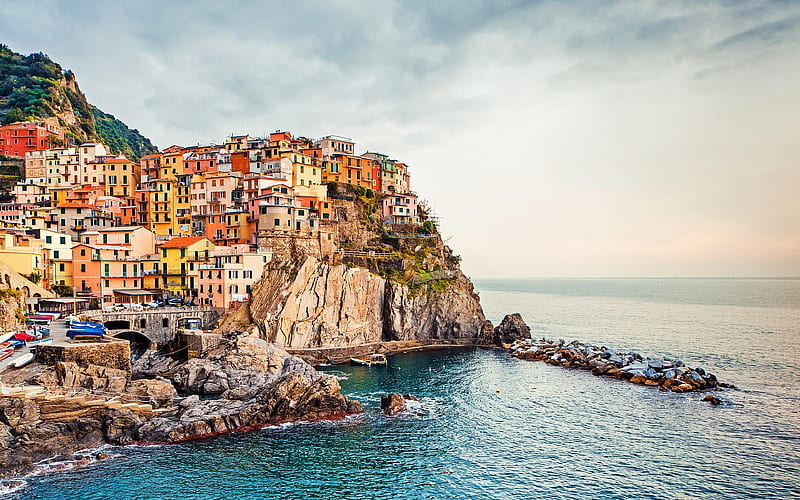 Manarola, Cinque Terre, Italy, old italian city, resort, Mediterranean sea, seascape, coast, HD wallpaper