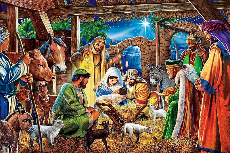 A child is born in Bethlehem...., joseph, mary, holy, painting, kings, star, animals, HD wallpaper