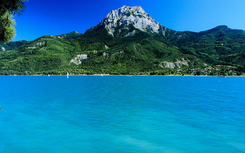 Lac du Serre Poncon, fores, town, bonito, breathtaking, sky, lake, water, mountains, nature, sailboats, blue, HD wallpaper