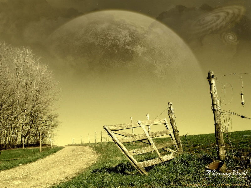 A Dreamy World, fence, moon, post, re-touched, feild, trees, clouds, HD wallpaper